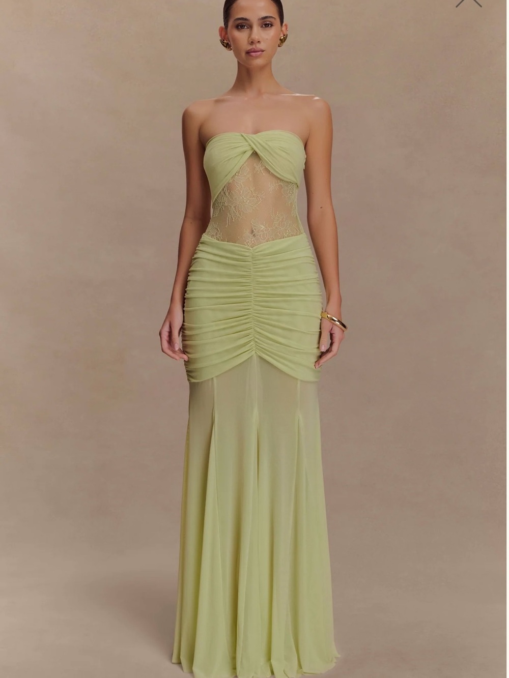 Meshki Strapless Ruched Sheer Panel Maxi Dress in Light Green Size XXS NWT